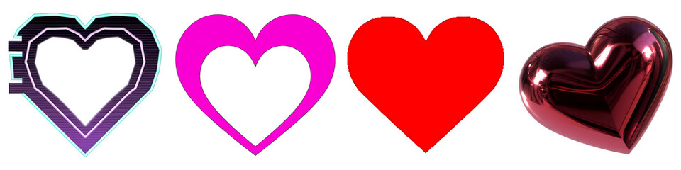 PNG Collection of stylized hearts in varying colors and designs.