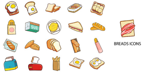Bread Food simple concept 24 Hand drawn Color icons set. Vector illustration.