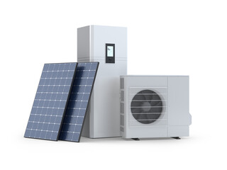 Naklejka na ściany i meble Heat pump with solar panels on transparent background, 3d illustration