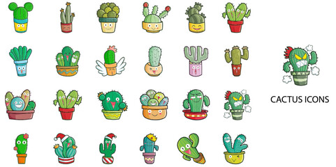 Cactus simple concept 24 hand drawn color icons set .Vector illustration.