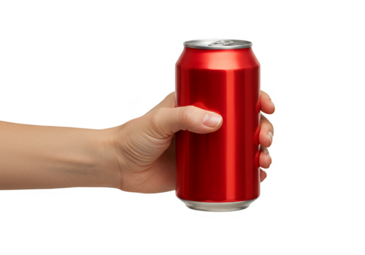 Isolated Product Photo of Hand Holding Aluminum Red Soda Can Drink