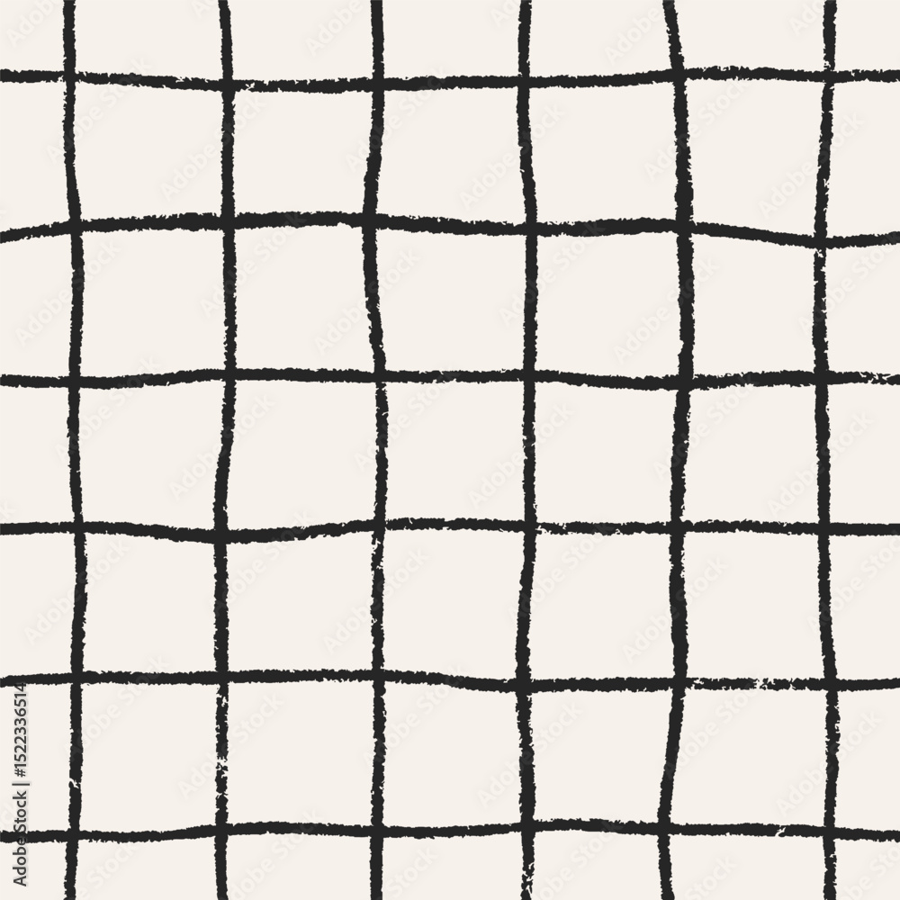Poster Seamless pattern with simple thin rough grid texture. Checkered design, tiny lines, endless background for textile, fabric, wrapping. Repeating print in modern minimal style. Drawn vector illustration