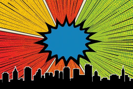 Comic book style cityscape with exploding speech bubble background