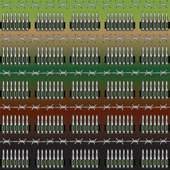 Seamless military themed pattern featuring repeating rows of bullets and barbed wire on a multicolor camouflage style gradient bg.Ideal for use in combat design concepts,tactical gear prints.
