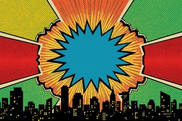 Comic book style cityscape background with exploding starburst