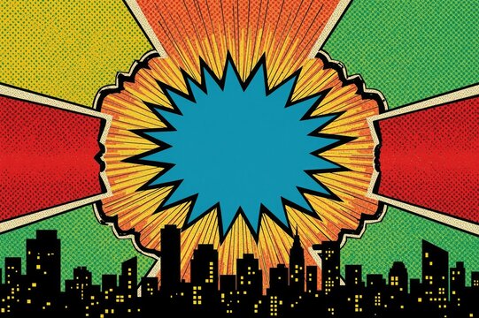 Comic book style cityscape background with exploding starburst