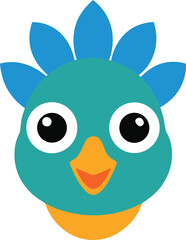 Adorable Cartoon Bird Illustration Blue Teal Feathers, Big Eyes, Happy Expression