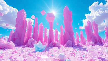 A dreamy, futuristic landscape filled with towering pink and purple crystal structures.