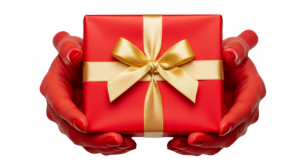 Isolated Red Gift Box with Golden Bow in Hands on Transparent Background