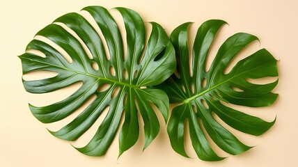 Vibrant green tropical leaves arranged on a soft beige background for a fresh and natural look