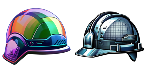 PNG Two futuristic helmets are displayed in a collage.