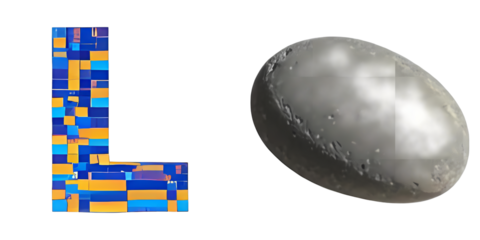 PNG vibrant fragmented letter ‘L’ sits alongside a smooth gray celestial sphere.