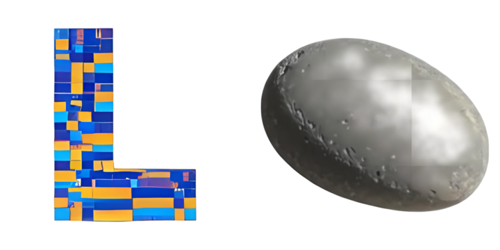 PNG vibrant fragmented letter ‘L’ sits alongside a smooth gray celestial sphere.