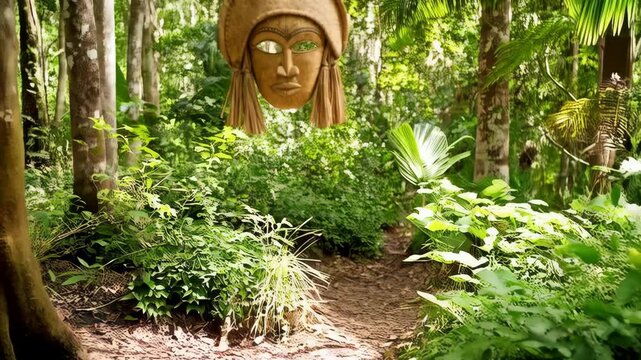 Traditional woven mask hanging in the green rainforest. Cultural artifact with tropical jungle background. Art in the woods.