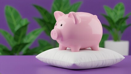 Pink piggy bank on a soft white pillow with green plants on purple background, symbolizing financial security and comfort