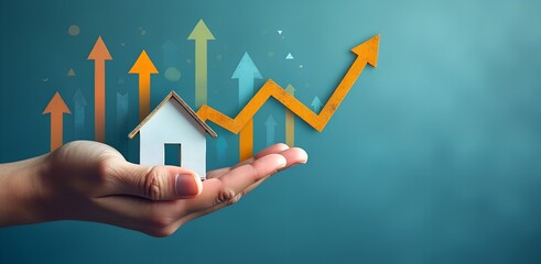 Hand holding small house with colorful arrows and growth chart, visualizing rising home interest rates and real estate market trends
