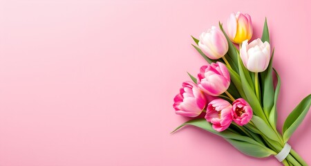 Bouquet of pink and white tulips on pastel pink background with copy space, ideal for spring, Mother's Day, or romantic celebrations