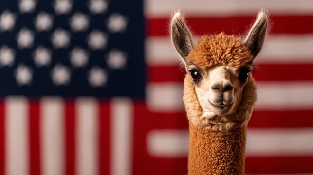 Alpaca showing mock up such as sticker blank 4th of July flag on background. Adorable alpaca displays festive july fourth decoration sample a blank sticker against patriotic backdrop.
