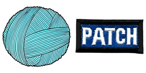 PNG blue yarn ball and a black patch with the word ‘Patch’ displayed.
