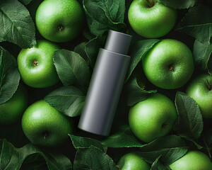 Cosmetic bottle lies on green apples background. Horizontal mockup of cream, liquid soap, shampoo or shower gel with fruit ingredients. Flat lay of dark grey plastic packaging