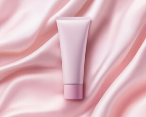 Pink tube lies on pastel silk background. Monochrome horizontal mockup of anti-wrinkle cream or cosmetics with soft texture. Flat lay of matte plastic packaging, studio light