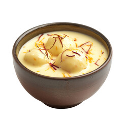 Delicious dessert featuring soft dumplings in creamy saffron sauce, garnished with strands of saffron
