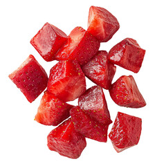 Fresh, vibrant, and juicy strawberry pieces arranged beautifully, showcasing their rich red color and natural shine, perfect for healthy snacks