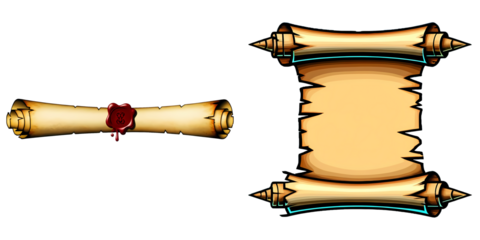 PNG Two stylized parchment scrolls display intricate details.