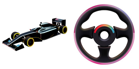 PNG sleek black racing car and a vibrant steering wheel form a dynamic collage.