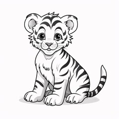 Cute Cartoon Baby Tiger Sitting – Black and White