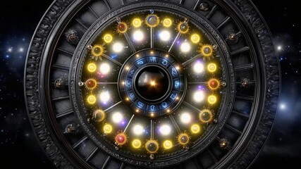 Discover the mesmerizing patterns and colors in a detailed zodiac wheel surrounded by stars. This captivating design highlights astrological signs and their cosmic connections