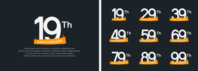 set of anniversary logo style orange ribbon. vector design white color for celebration