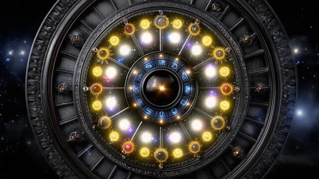 Discover the mesmerizing patterns and colors in a detailed zodiac wheel surrounded by stars. This captivating design highlights astrological signs and their cosmic connections