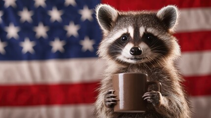 Raccoon has a mug blank at its neck with a 4th of July flag background. A playful bandit displays patriotic attire a charming image featuring a neck adornment against a festive backdrop.