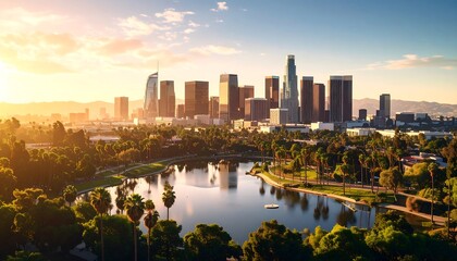 Obraz premium City skyline at sunrise over a park