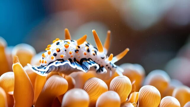 Detailed close-up of a nudibranch with orange papillae and black spots on a white body, surrounded by soft orange anemones underwater.