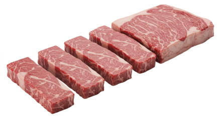 Isolated Slices Of Fresh Raw Marbled Red Beef Steak Meat For Cooking