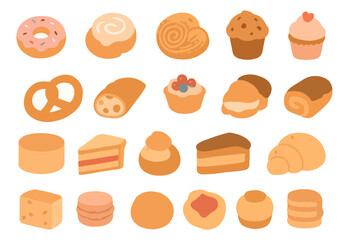 Vector set of various bakery items like donuts, cupcakes, muffins, rolls, and cookies. Great for pastry shops, food packaging, recipe blogs, and dessert-themed designs.