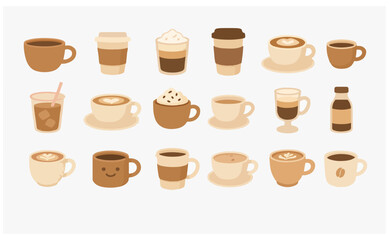 Vector set of various coffee drinks including espresso, cappuccino, latte, iced coffee, and to-go cups. Ideal for café menus, packaging, and breakfast illustrations.