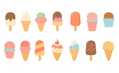Vector set of colorful ice cream cones and popsicles in different shapes and flavors. Perfect for summer, dessert menus, packaging, and kids' illustrations.