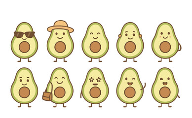 Set of cute avocado characters with different expressions and accessories. Perfect for food-related designs, kids’ content, stickers, and healthy lifestyle illustrations.