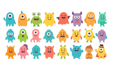 Colorful cartoon monsters with funny faces and unique shapes on a white background.