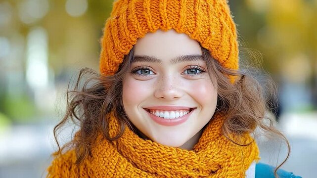 Autumn Portrait of a Smiling Girl in Orange Knitwear
