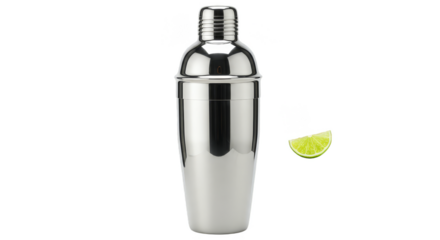 Isolated Stainless Steel Cocktail Shaker with Lime on Transparent Background