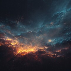 Naklejka premium Dynamic cosmic nebula with glowing orange and blue gas clouds.