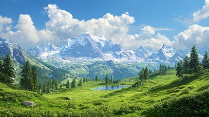 Obraz premium The distant scenery of the snowy mountains in the green valley