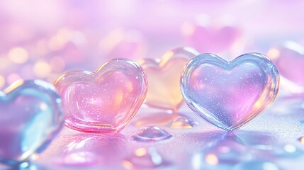 Colorful Glass Hearts on Pastel Surface