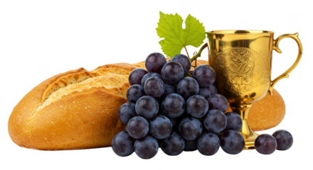 Isolated Still Life with Bread Grapes and Golden Chalice on Transparent
