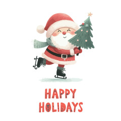 Merry Christmas and Happy New Year. Happy Holidays Watercolor cute Santa Claus with a Christmas tree in his hands is skating.