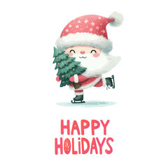 Merry Christmas and Happy New Year. Happy Holidays Watercolor cute Santa Claus with a Christmas tree in his hands is skating.